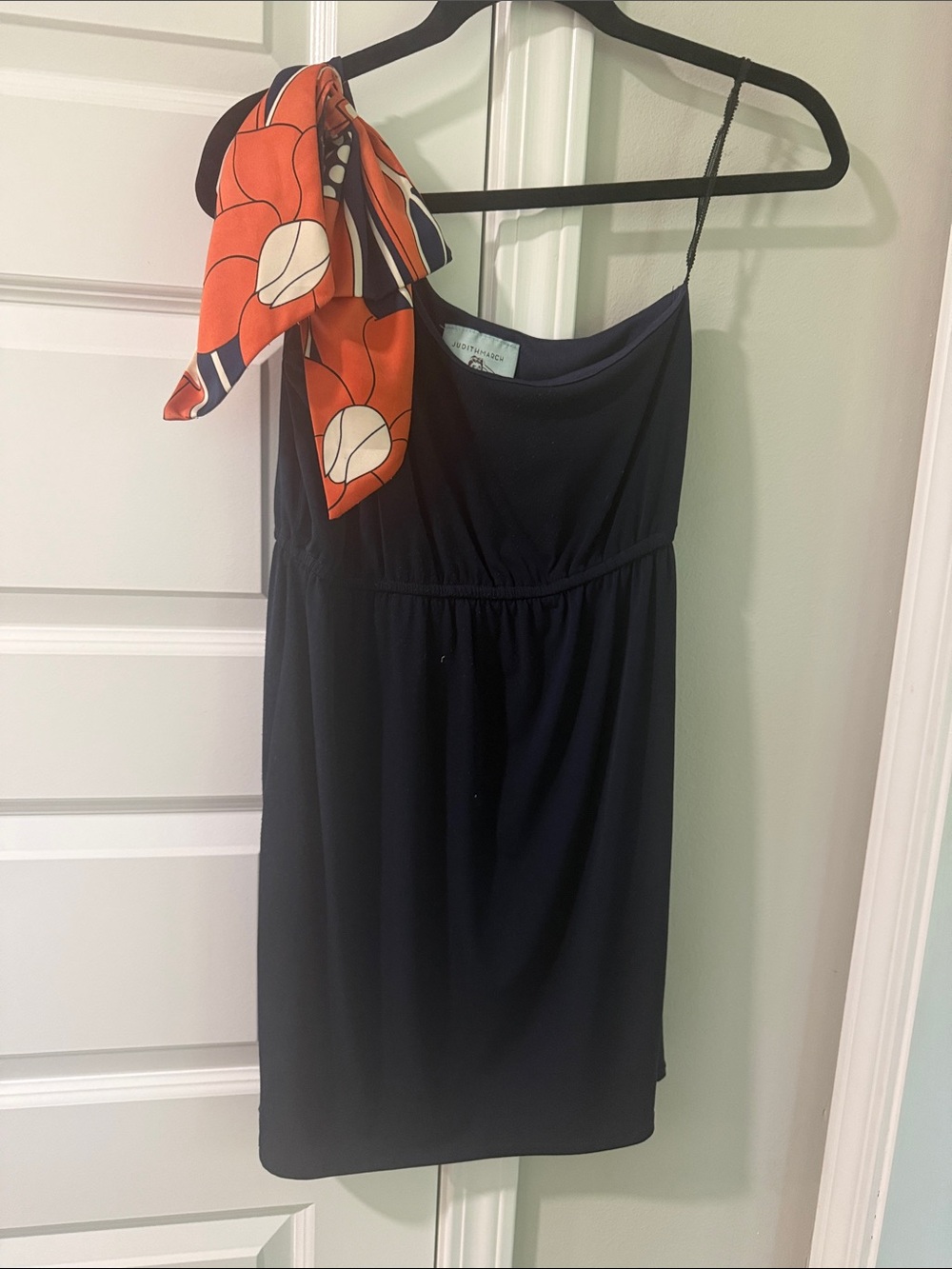 Judith March Navy One-Shoulder Asymmetrical Dress with Orange Accent